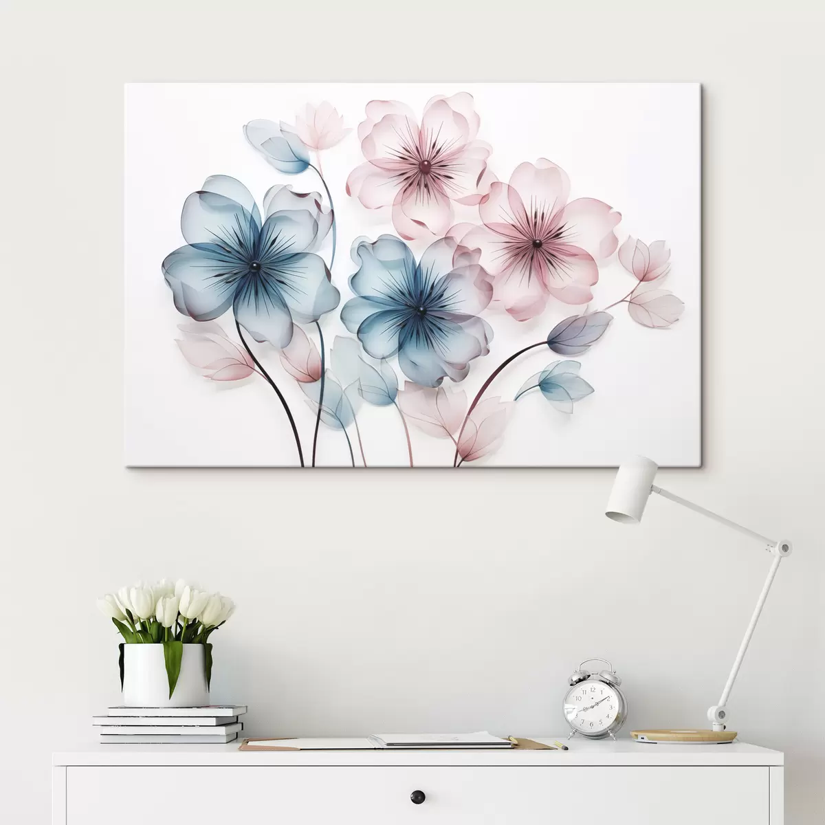  Peintures Fleurs translucides roses et bleues avec étamines et tiges visibles s44405