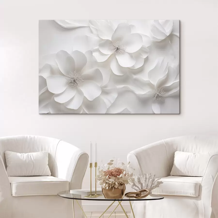  Schilderijen Witte decoratieve bloemen met fijne bloemblaadjes en ingewikkelde meeldraden s44406