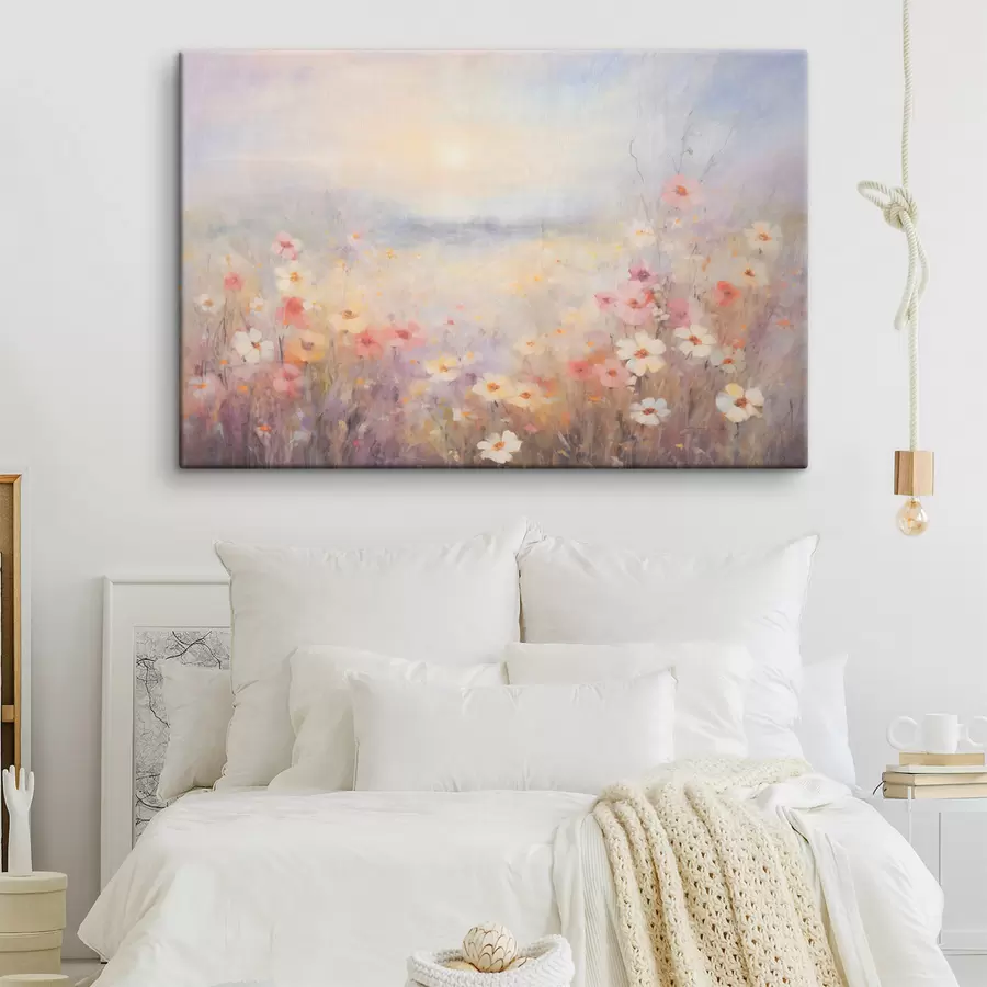  Peintures Paysage ensoleillé texturé d'un champ de fleurs, couleurs pastel douces, atmosphère rêveuse s44408