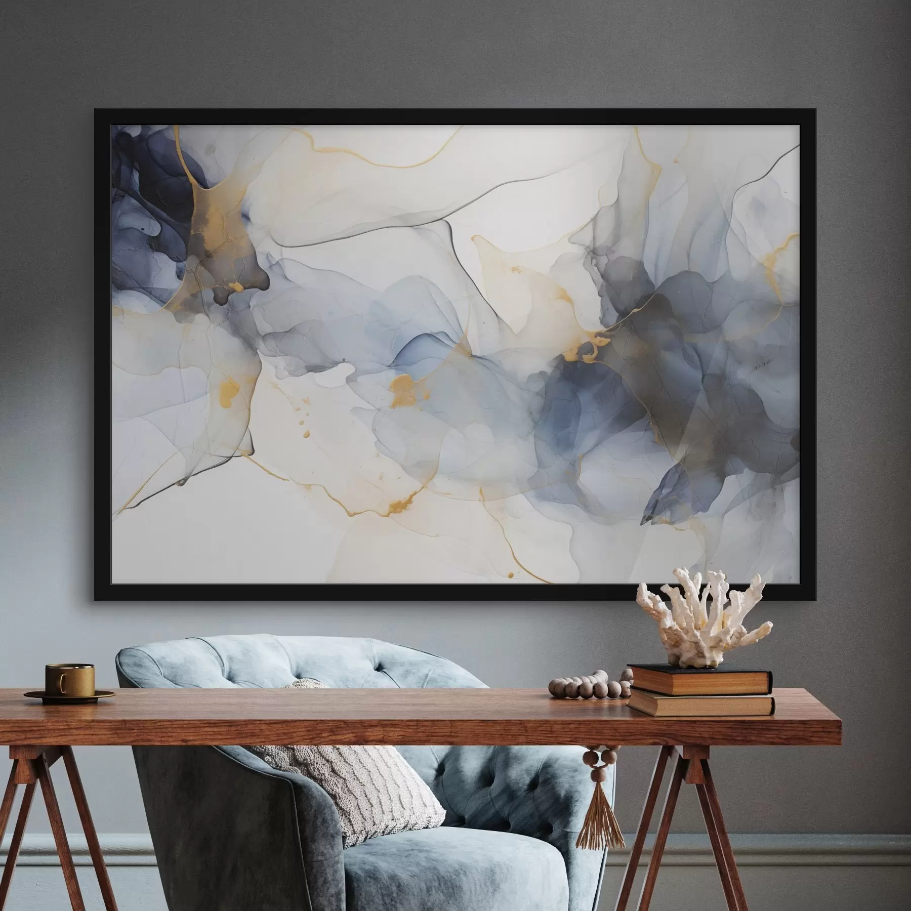 Fotobehang Abstract schilderij met blauwe inkt, vloeiende en organische vormen, delicate texturen op een witte achtergrond f44397