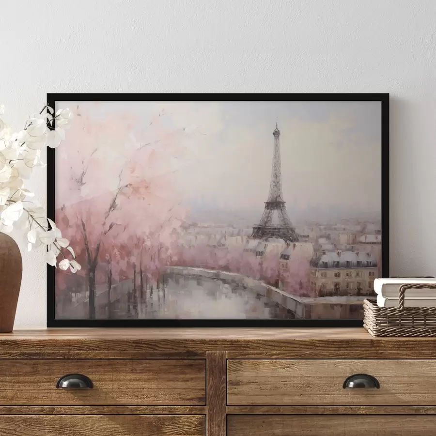 Papier peint photo Tour Eiffel à Paris avec des cerisiers en fleurs au printemps, couleurs douces et pastel f44398