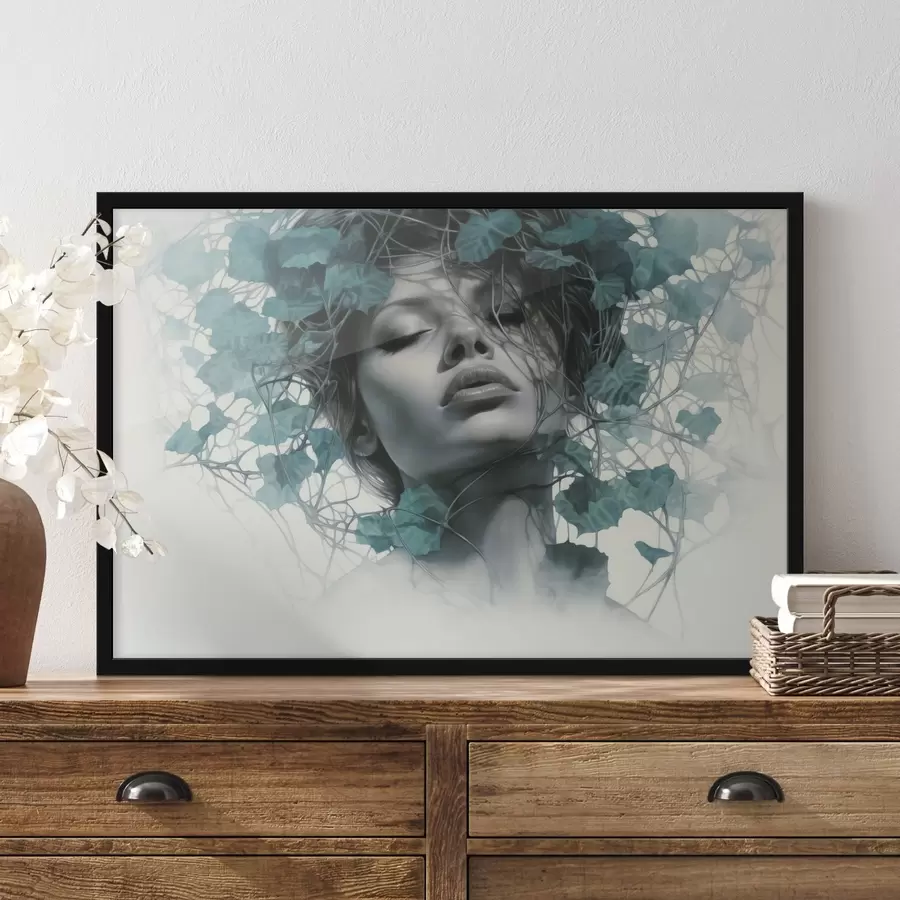 Fotobehang Portret van een vrouw met gesloten ogen, omringd door groene bladeren en takken f44399