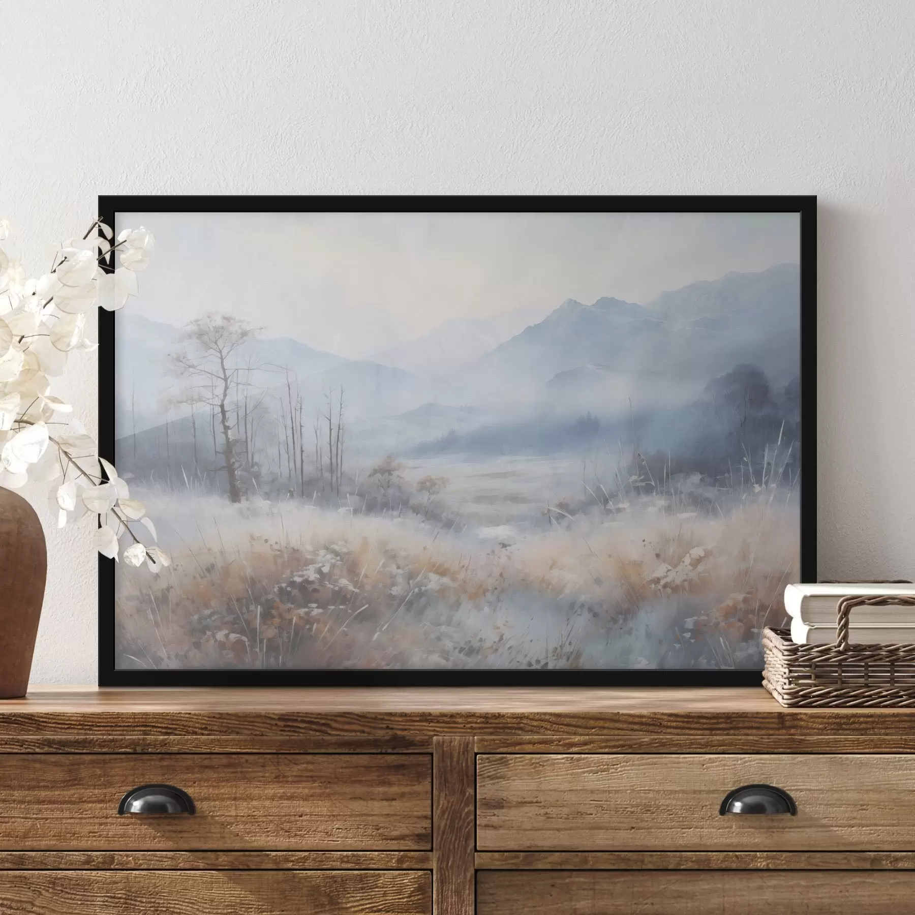  Peintures Paysage texturé avec des montagnes, de l'herbe sèche et une forêt, couleurs sourdes f44402