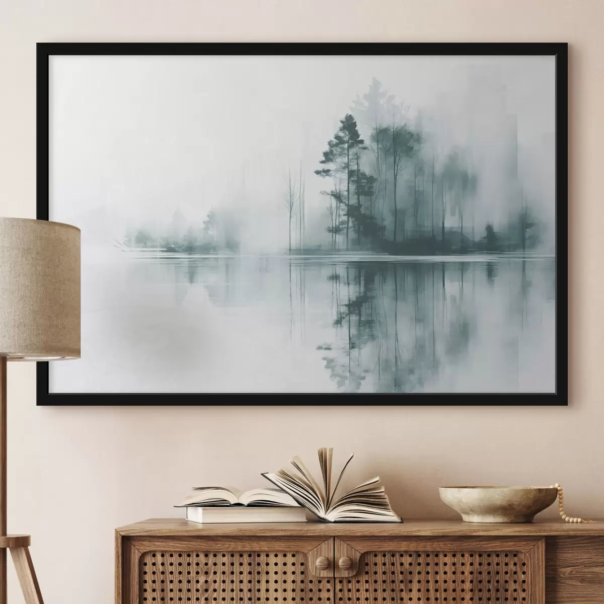 Poster Abstract bos met hoge bomen weerspiegeld in het water, gedempt kleurenpalet f44403