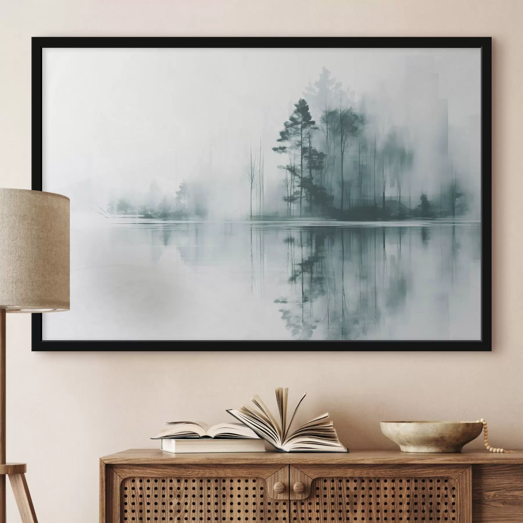 Fotobehang Abstract bos met hoge bomen weerspiegeld in het water, gedempt kleurenpalet f44403