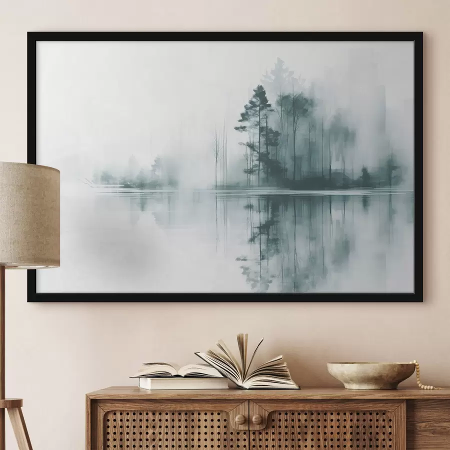 Fotobehang Abstract bos met hoge bomen weerspiegeld in het water, gedempt kleurenpalet f44403