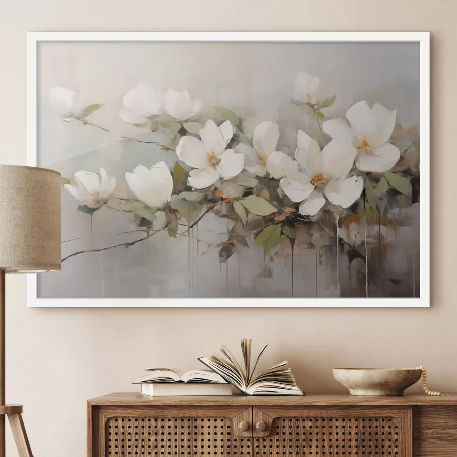 Papier peint photo Fleurs de magnolia blanches avec feuilles vertes sur une branche, coups de pinceau doux, couleurs sourdes f44404