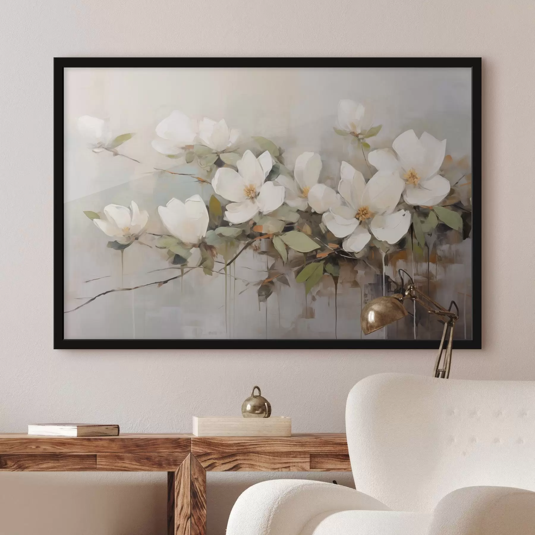Papier peint photo Fleurs de magnolia blanches avec feuilles vertes sur une branche, coups de pinceau doux, couleurs sourdes f44404