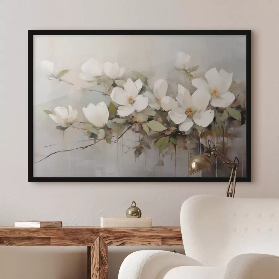 Fotobehang Witte magnolia bloemen met groene bladeren op een tak, zachte penseelstreken, gedempte kleuren f44404