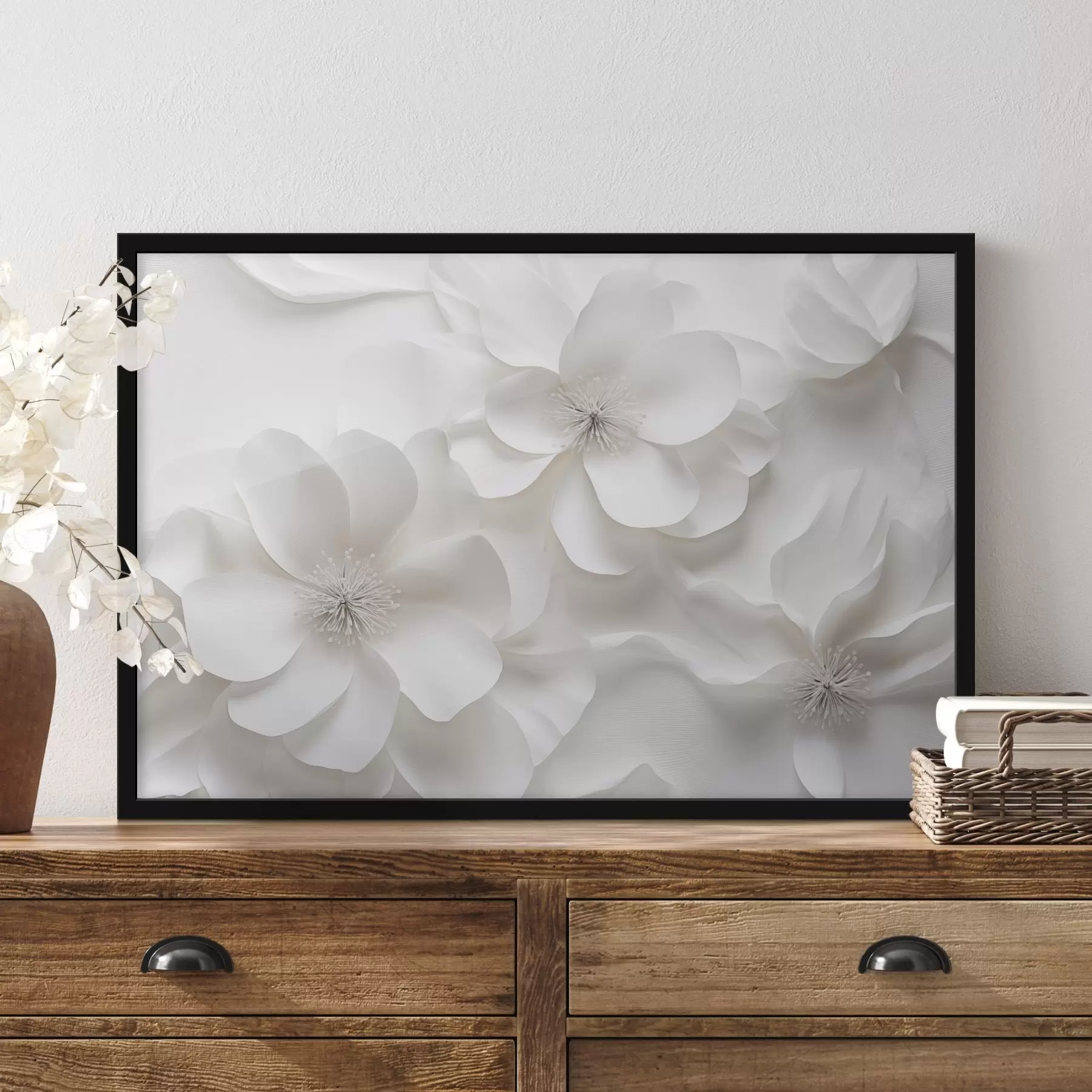 Fotobehang Witte decoratieve bloemen met fijne bloemblaadjes en ingewikkelde meeldraden f44406