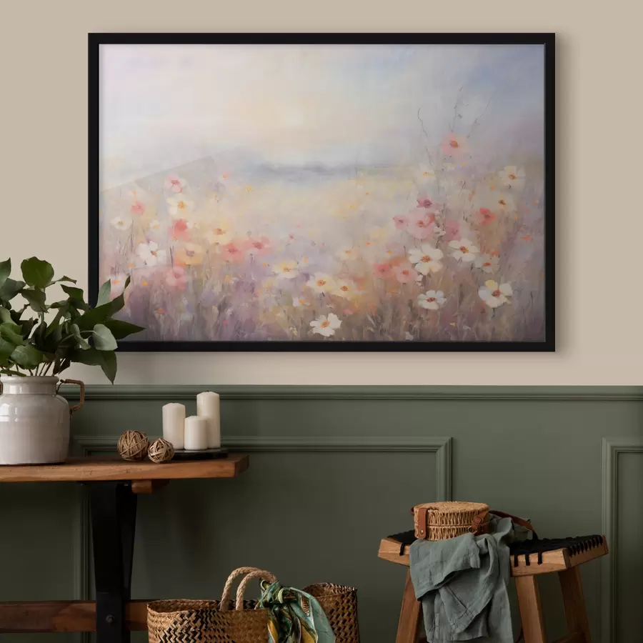 Fotobehang Gestructureerd zonnig landschap van bloemenveld, zachte pastelkleuren, dromerige sfeer f44408