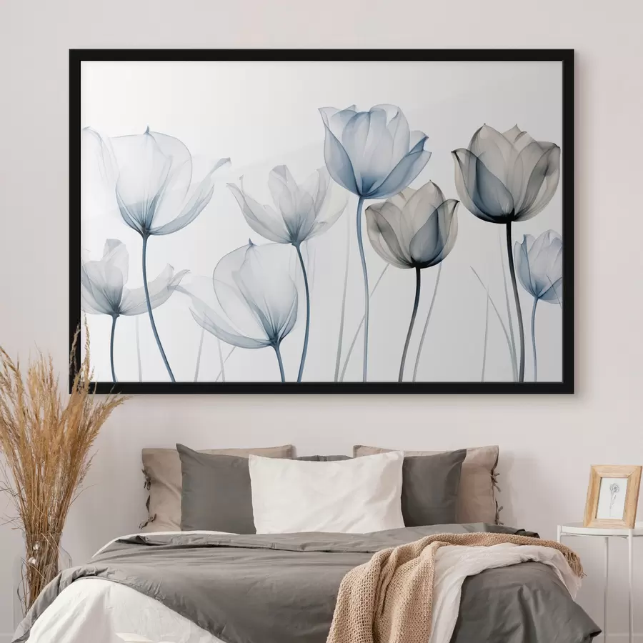 Papier peint photo Tulipes bleues et blanches translucides à longues tiges, sur fond blanc uni f44409