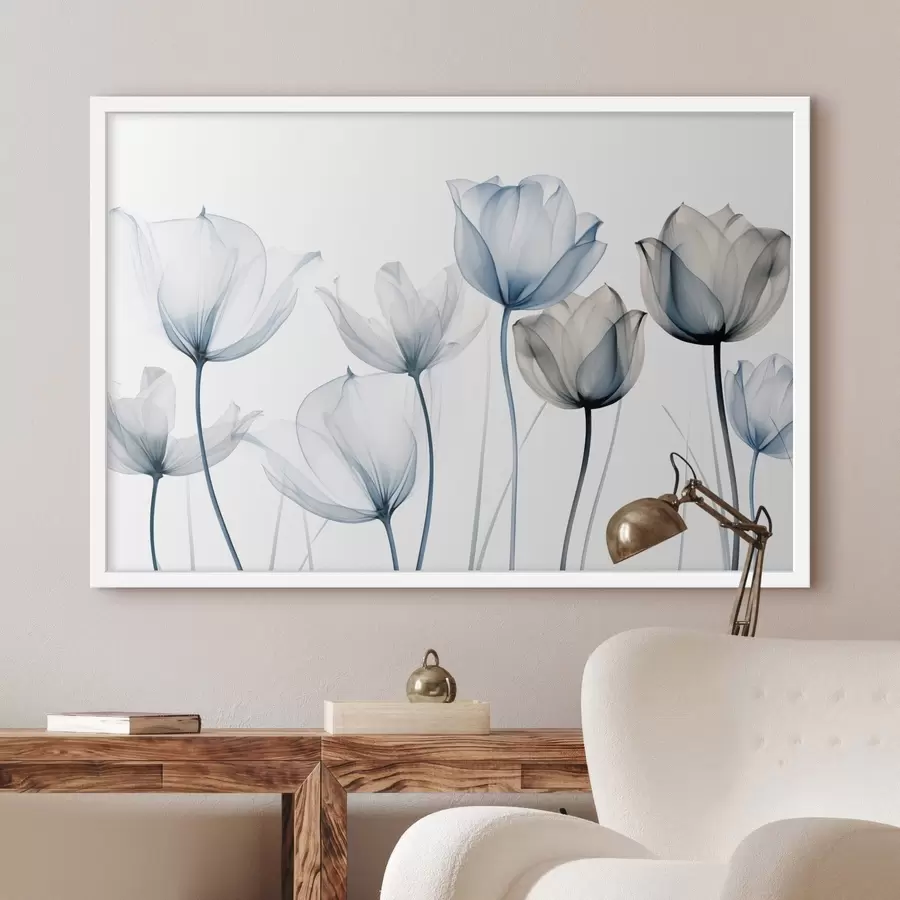 Papier peint photo Tulipes bleues et blanches translucides à longues tiges, sur fond blanc uni f44409