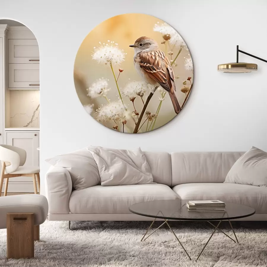  Schilderijen Een vogel neergestreken op een tak met witte bloemen, zachte focus, natuur achtergrond r44393