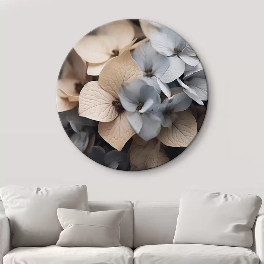 Fotobehang Hortensiabloemen, lichtblauwe en beige bloemblaadjes, met gedetailleerde texturen, elegant bloemstuk r44394
