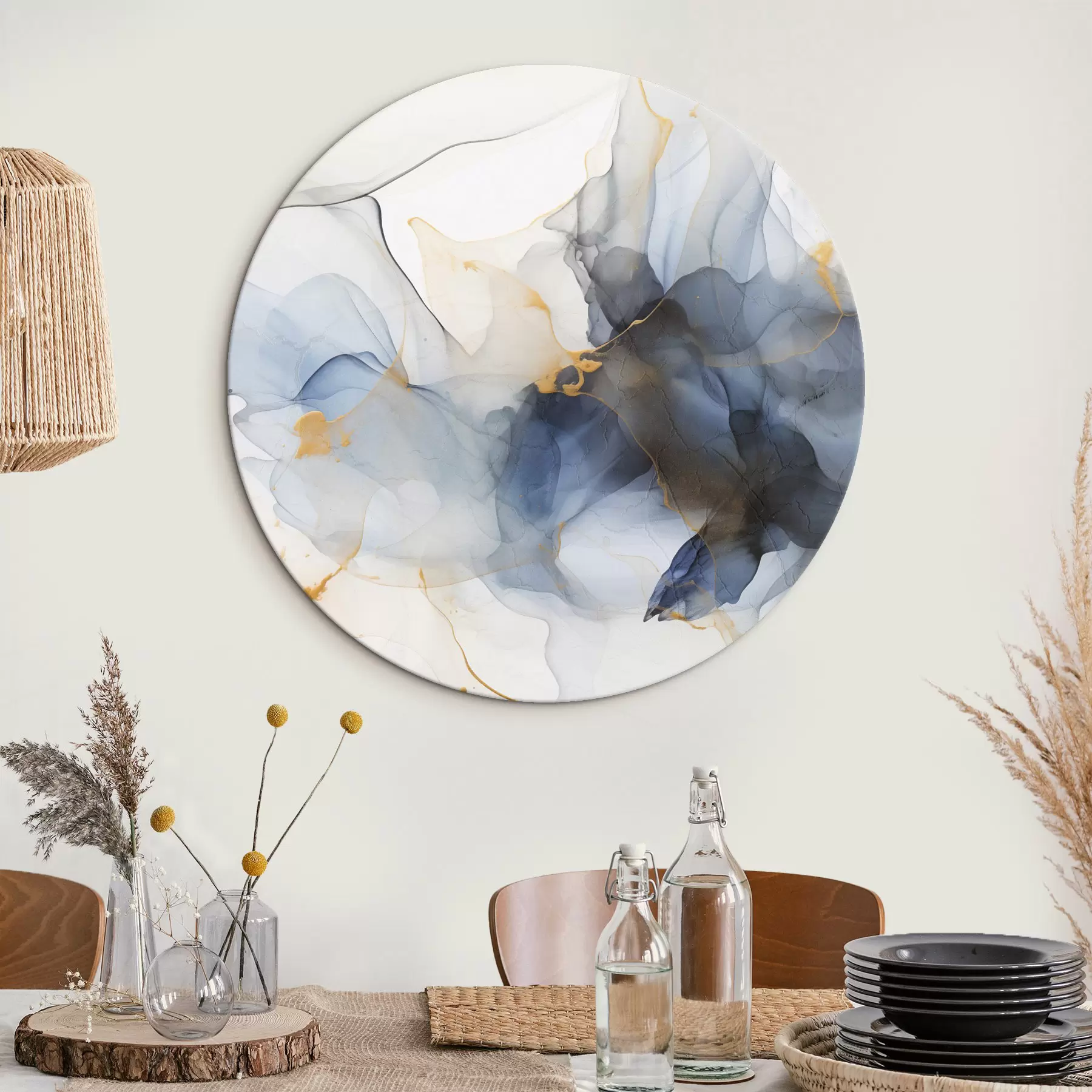  Schilderijen Abstract schilderij met blauwe inkt, vloeiende en organische vormen, delicate texturen op een witte achtergrond r44397