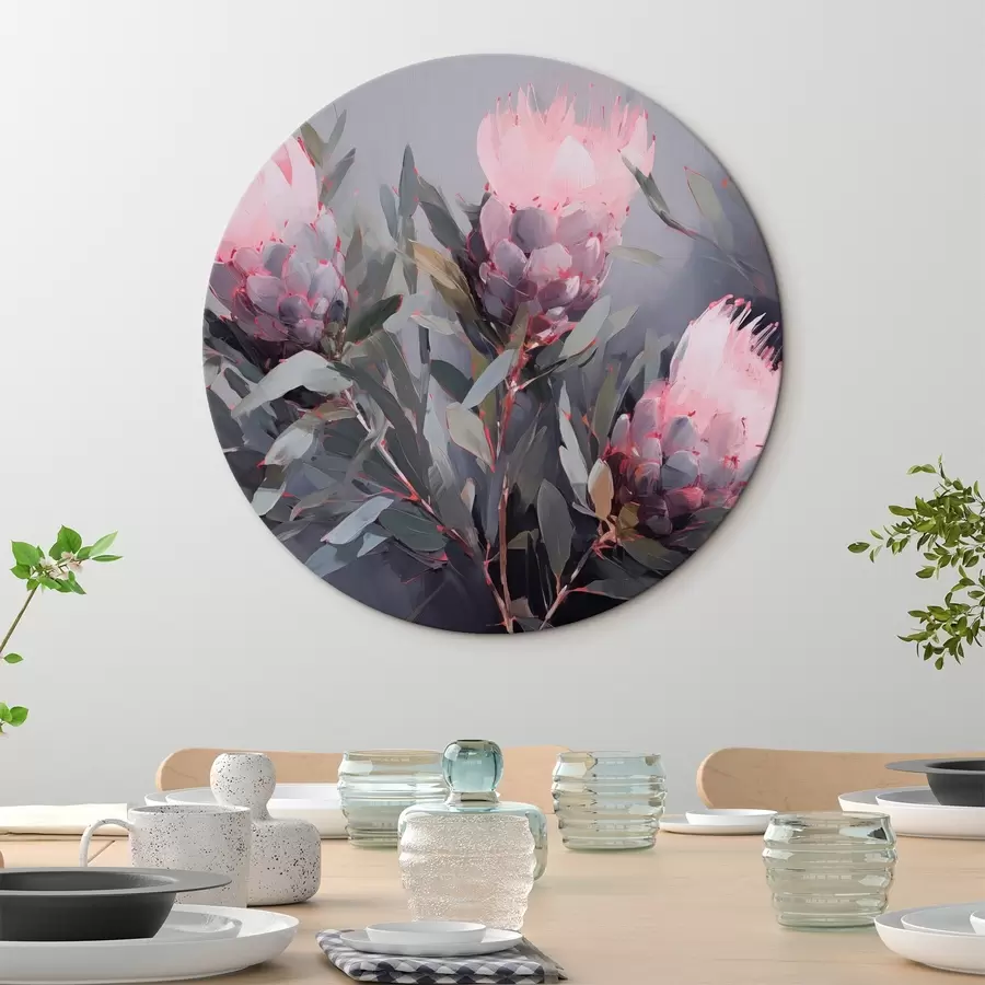  Peintures Fleurs de protea roses avec feuilles vertes, coups de pinceau doux, couleurs sombres, composition élégante r44400