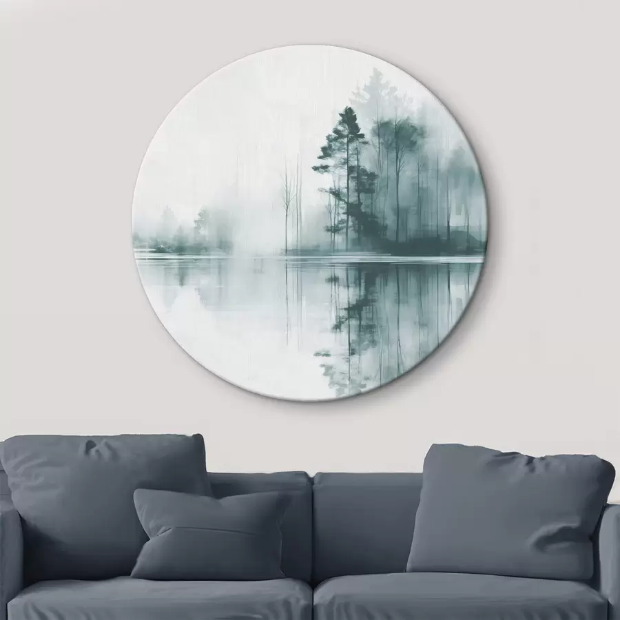  Peintures Forêt abstraite avec de grands arbres se reflétant dans l'eau, palette de couleurs sourdes r44403