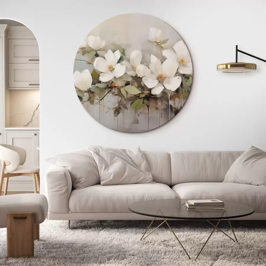  Peintures Fleurs de magnolia blanches avec feuilles vertes sur une branche, coups de pinceau doux, couleurs sourdes r44404