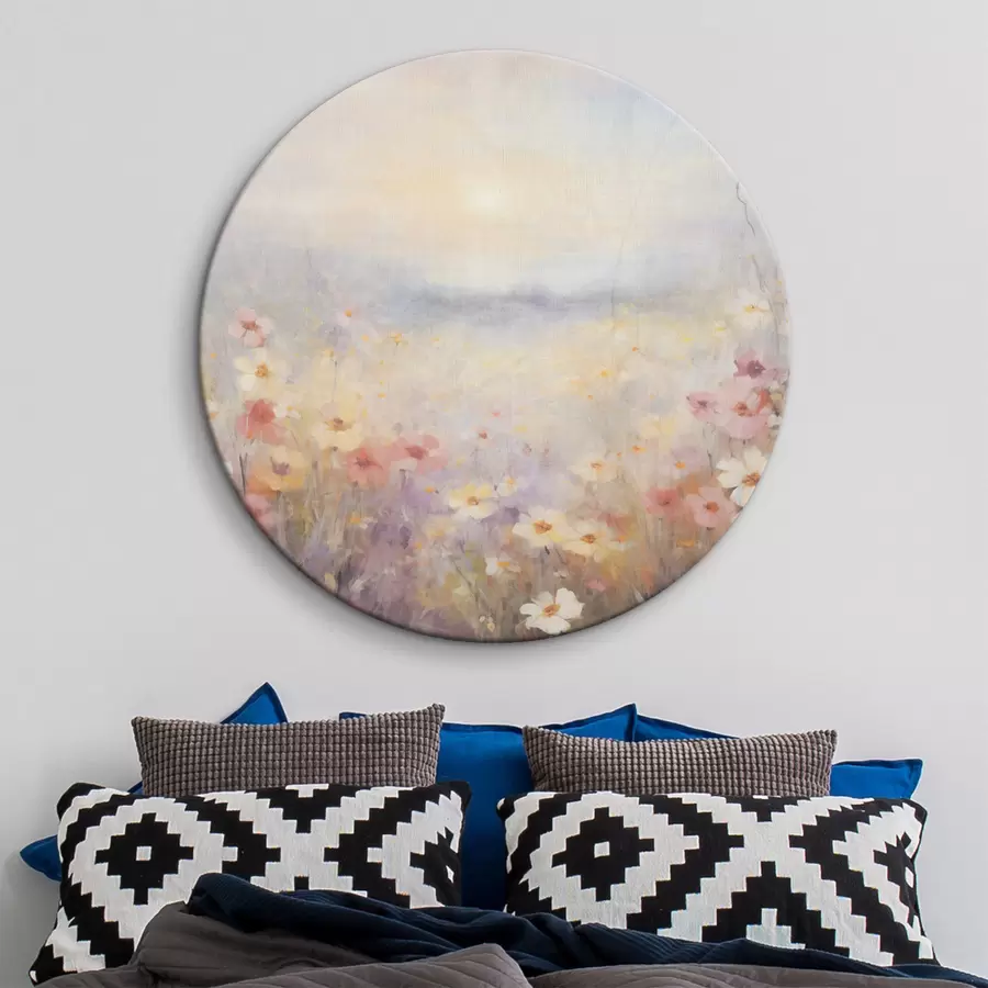  Peintures Paysage ensoleillé texturé d'un champ de fleurs, couleurs pastel douces, atmosphère rêveuse r44408