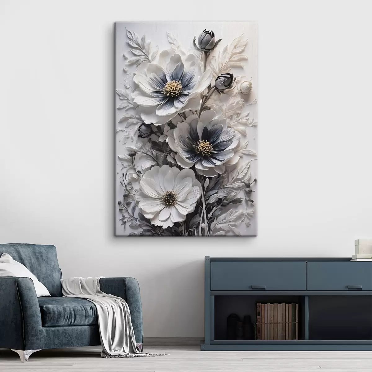  Schilderijen Zwart-witte bloemen op witte achtergrond s44446