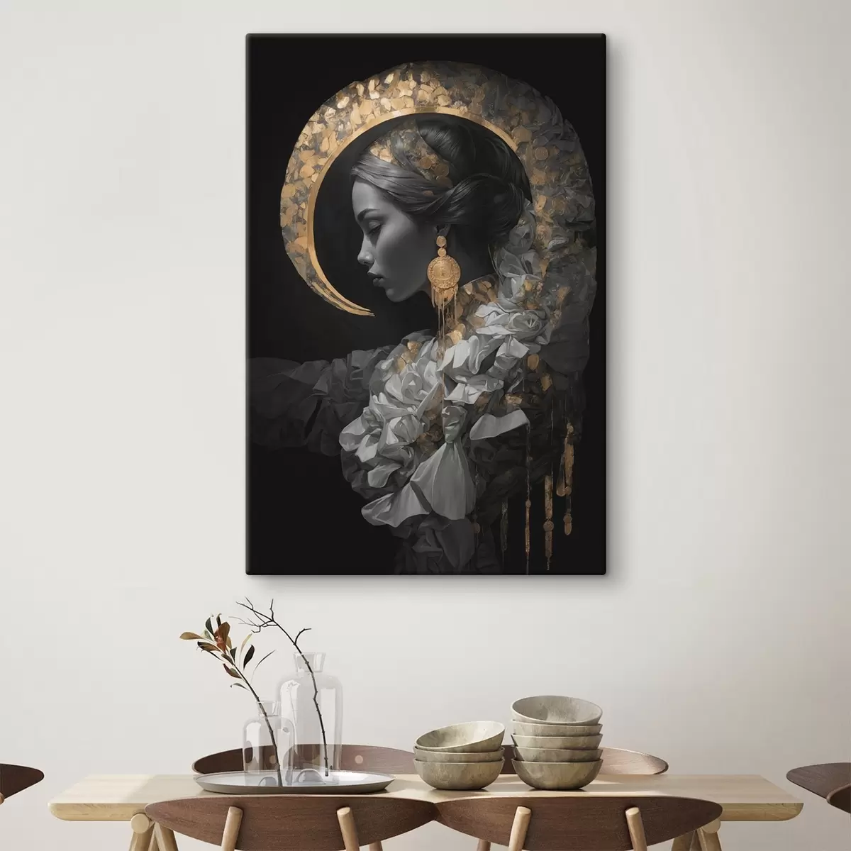  Peintures Fille et croissant de lune jaune sur fond noir s44449