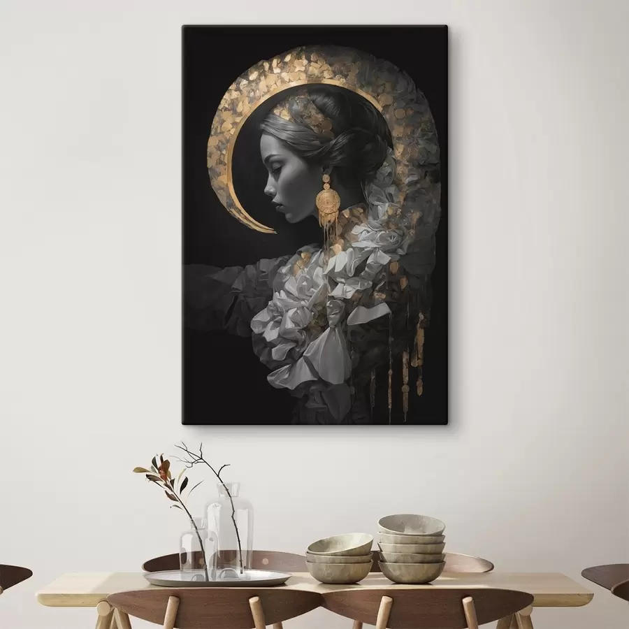  Peintures Fille et croissant de lune jaune sur fond noir s44449