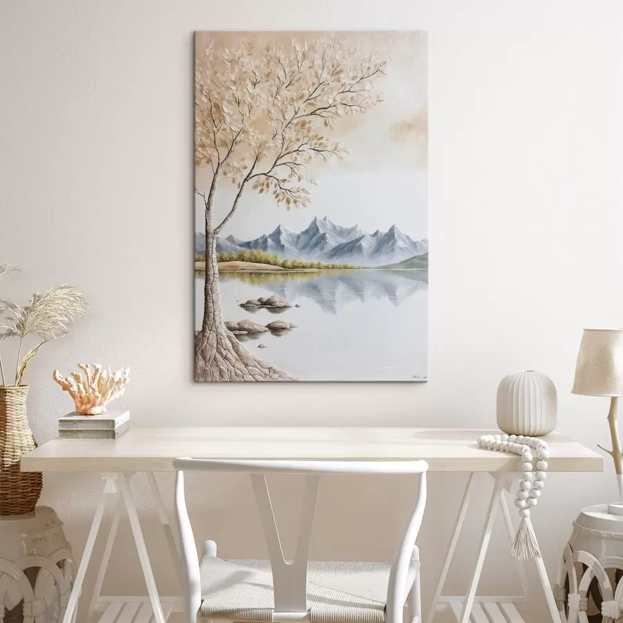  Schilderijen Boom op meer en besneeuwde bergen achtergrond s44459