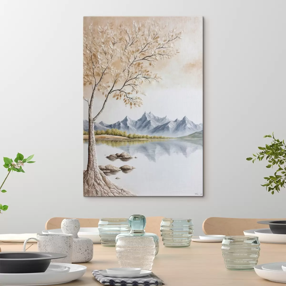  Schilderijen Boom op meer en besneeuwde bergen achtergrond s44459