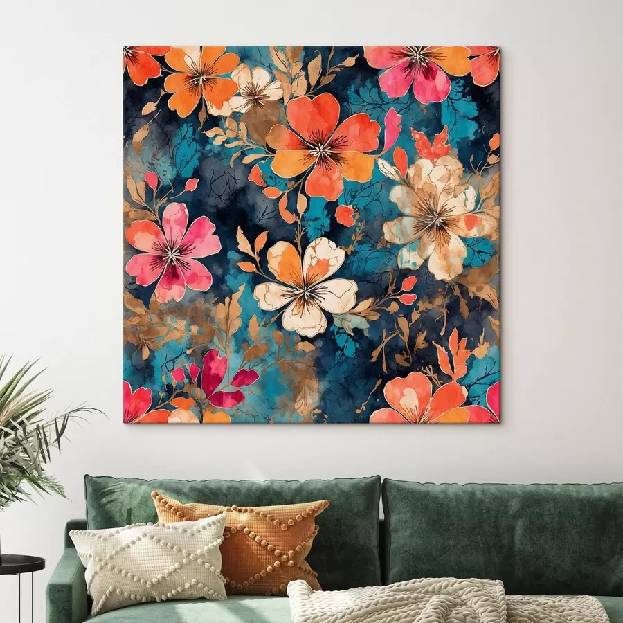  Schilderijen Veelkleurig acrylschilderij in donkerblauwe achtergrond Abstract veelkleurig acrylschilderij in donkerblauwe achtergrond blauwe achtergrond s44460