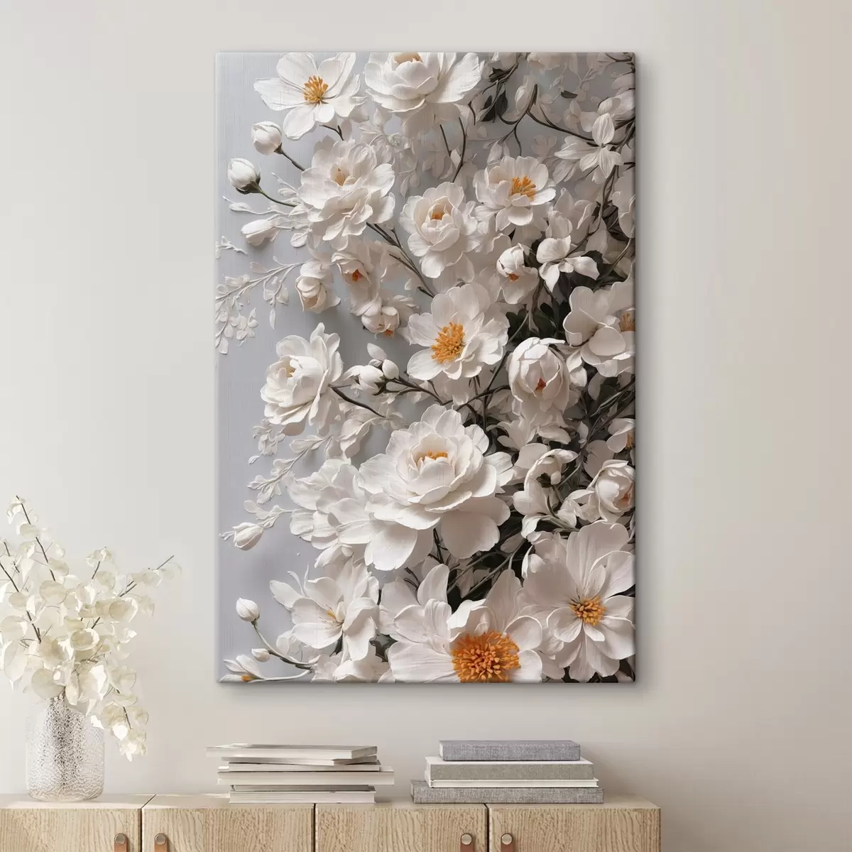  Schilderijen Witte bloemen en bladeren op witte achtergrond s44465