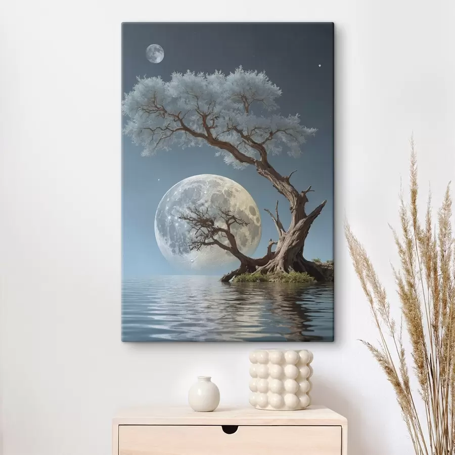  Peintures Arbre poussant au milieu d'un lac sur fond de lune s44481
