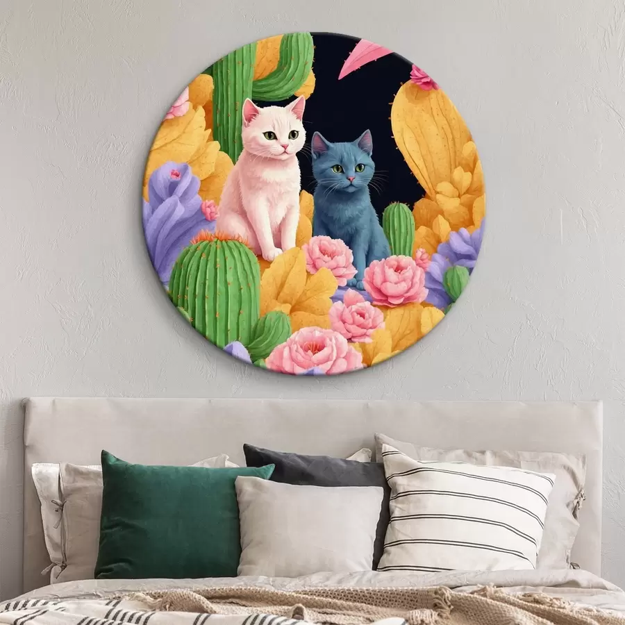  Peintures Chats artificiels parmi les fleurs et les cactus r44452