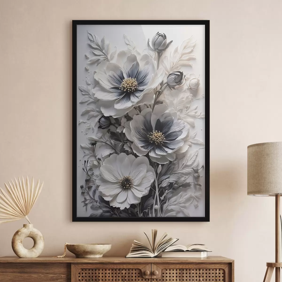 Poster Zwart-witte bloemen op witte achtergrond f44446