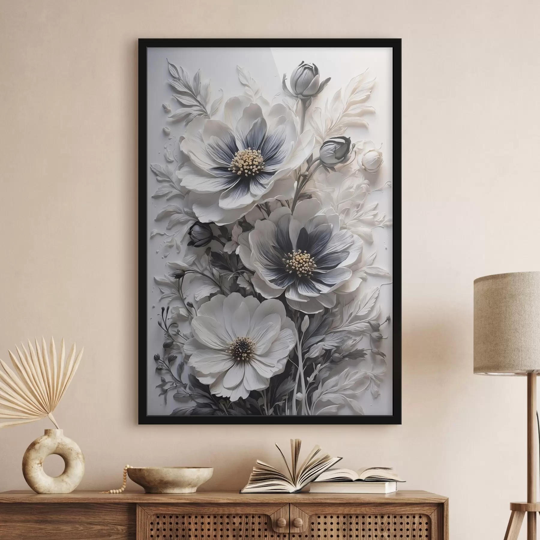  Peintures Fleurs noires et blanches sur fond blanc f44446