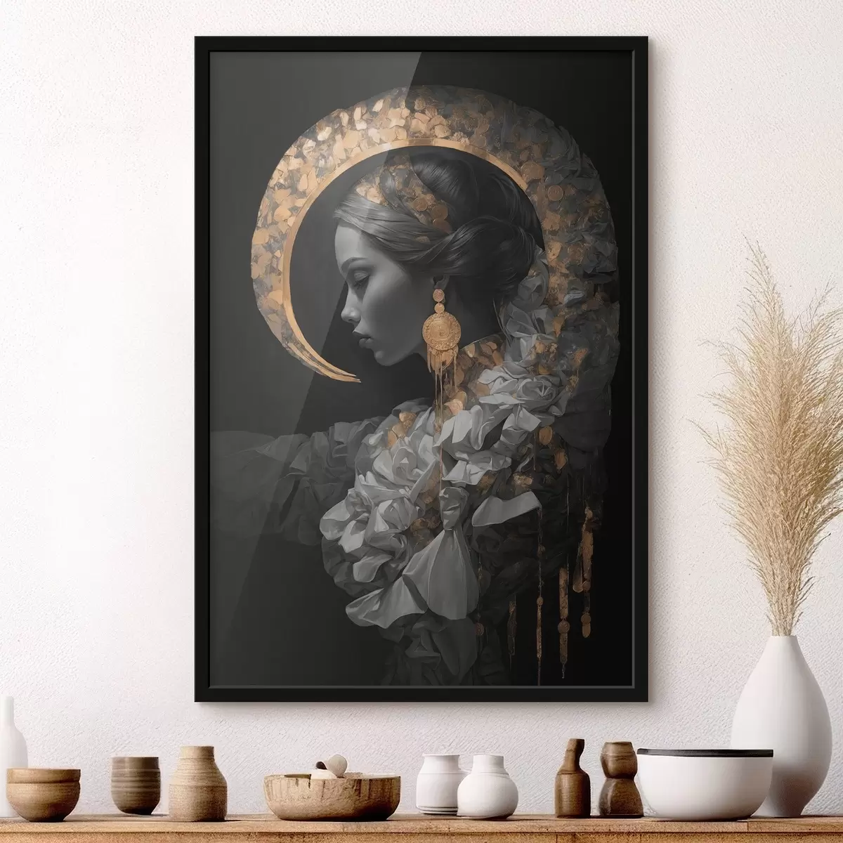 Poster Meisje en gele maansikkel op zwarte achtergrond f44449