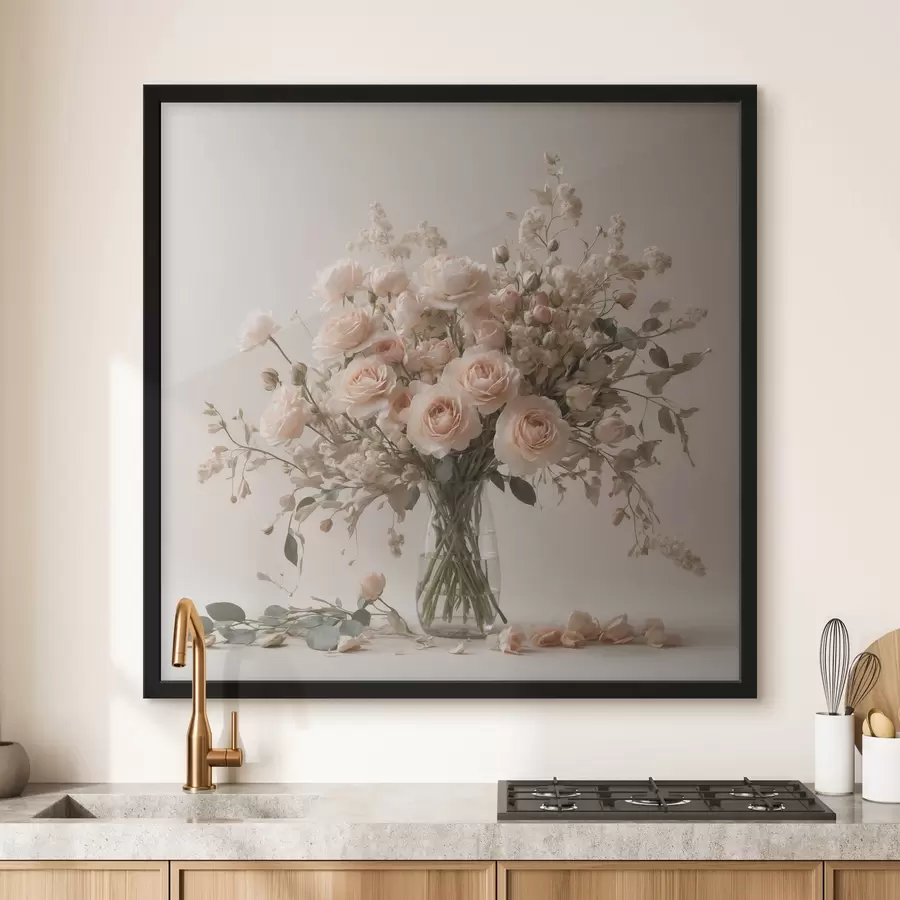Fotobehang Witte rozen in transparante vaas f44451