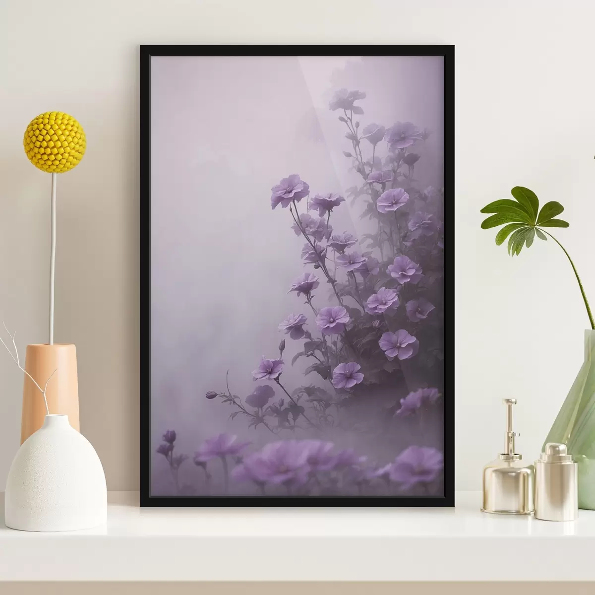 Poster Paarse bloemen in mist f44456