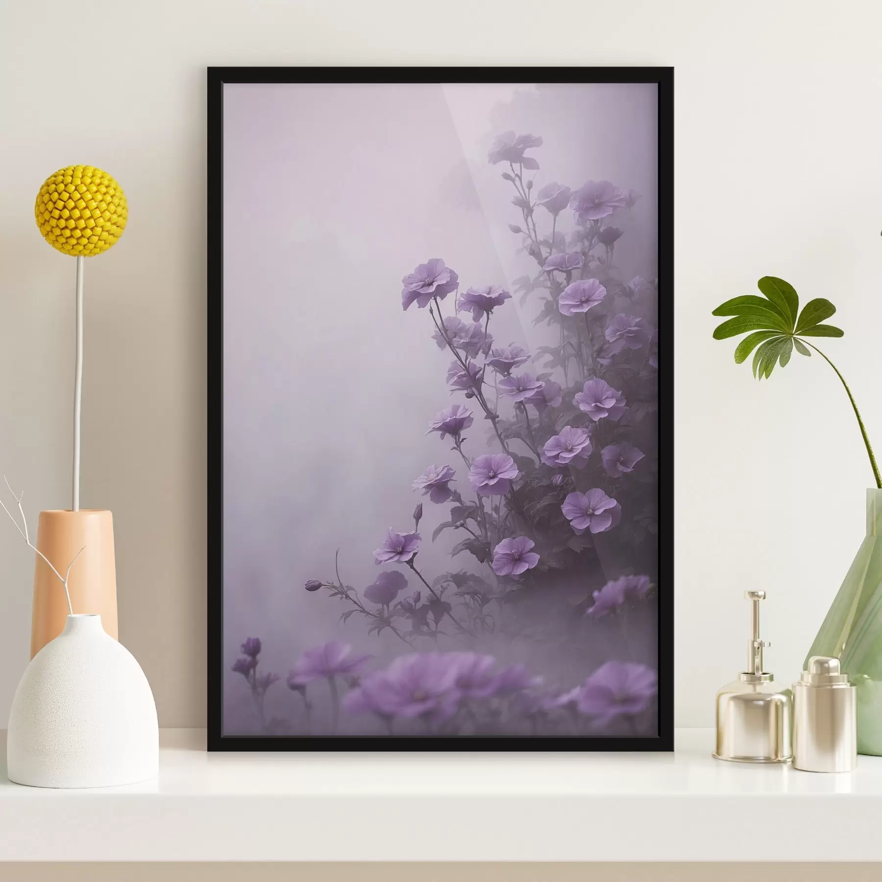 Fotobehang Paarse bloemen in mist f44456