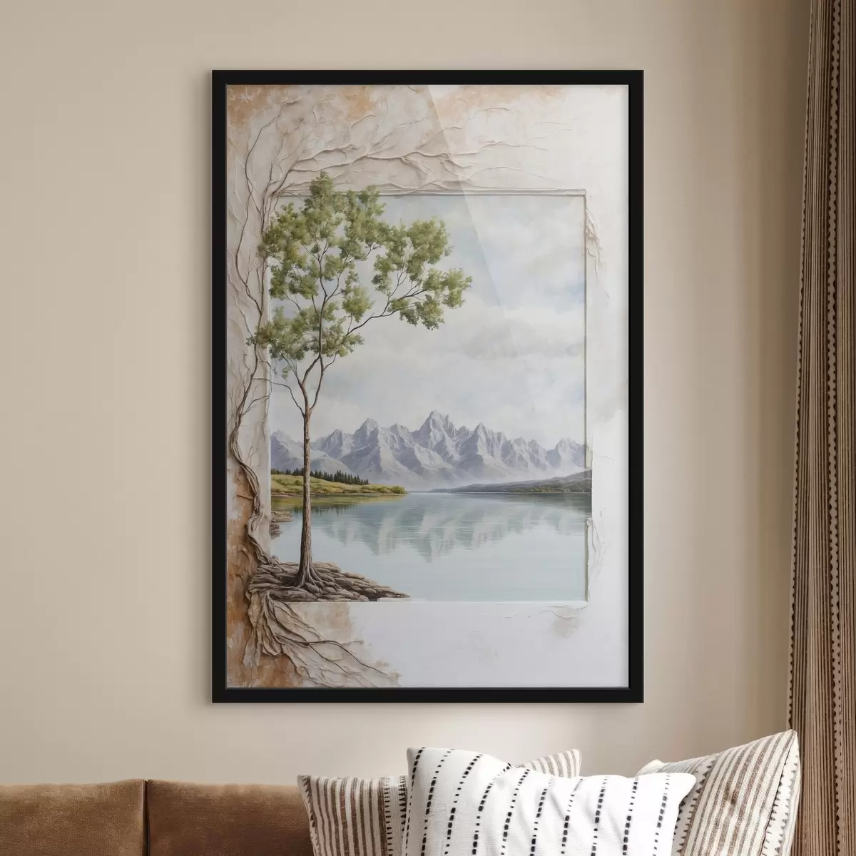 Affiche Vue sur le lac et les montagnes enneigées dans le cadre f44458