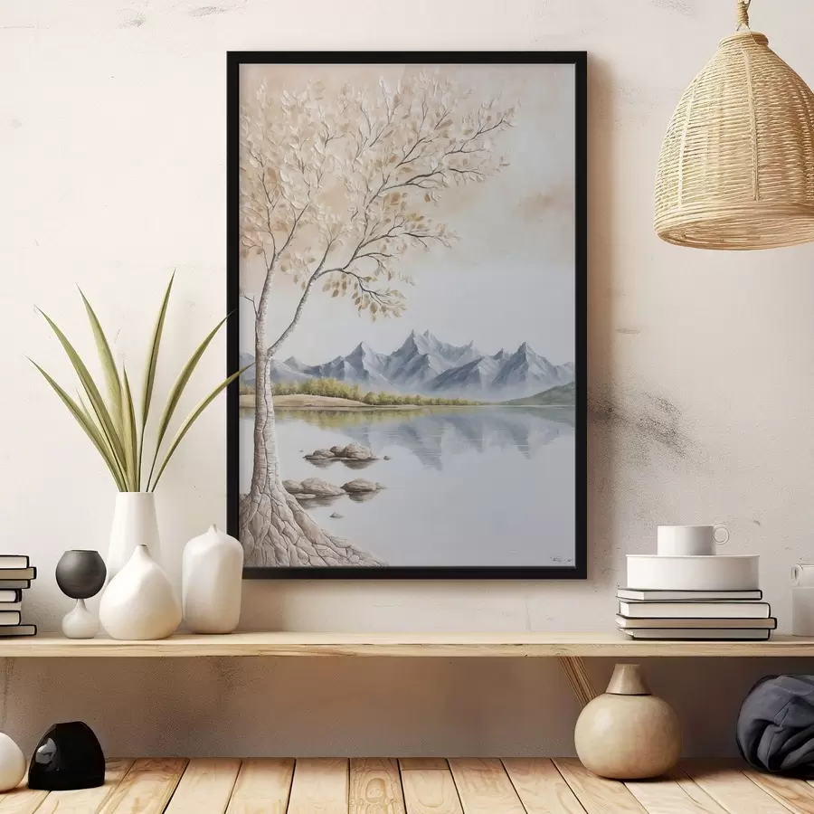  Schilderijen Boom op meer en besneeuwde bergen achtergrond f44459