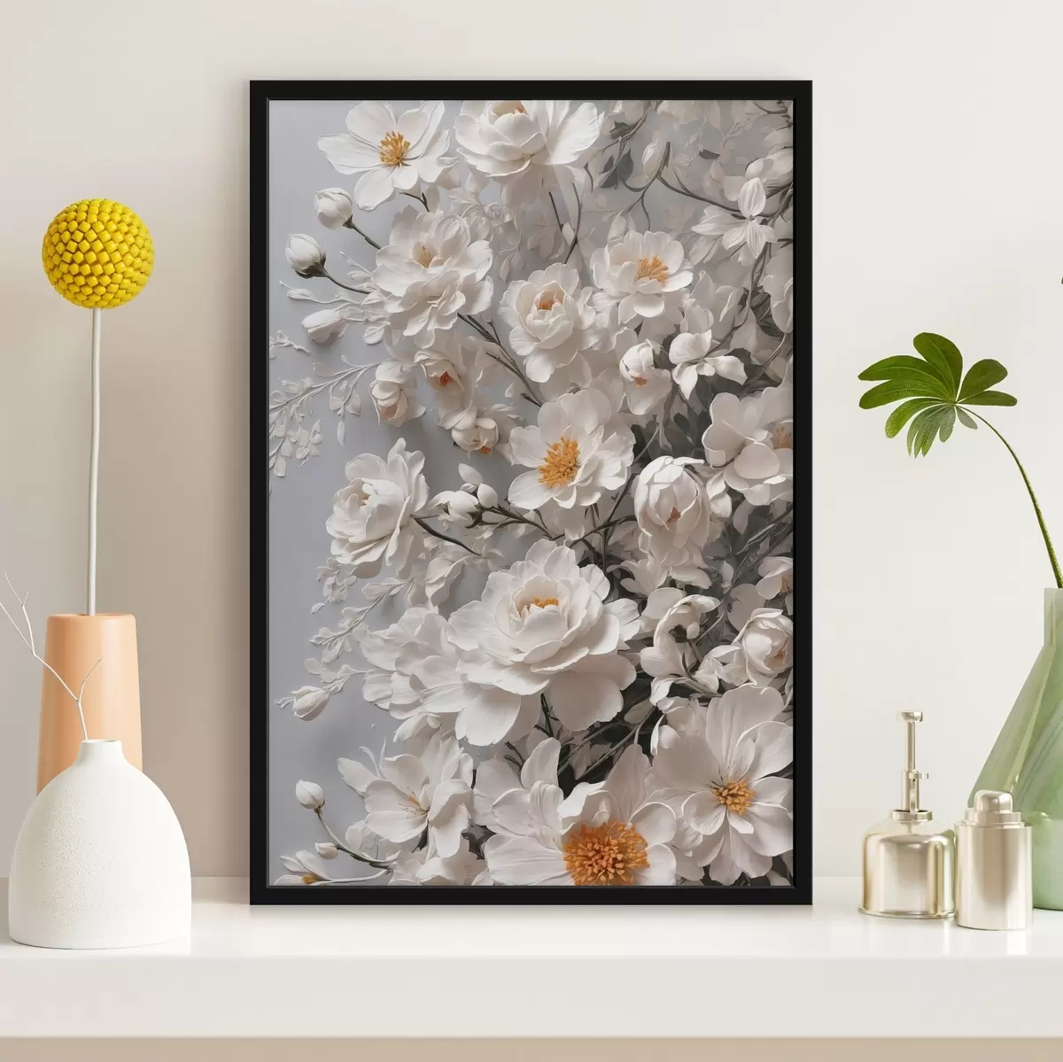 Poster Witte bloemen en bladeren op witte achtergrond f44465