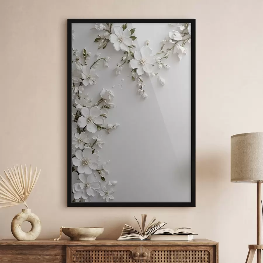 Fotobehang Witte bloemen op witte muurachtergrond f44466