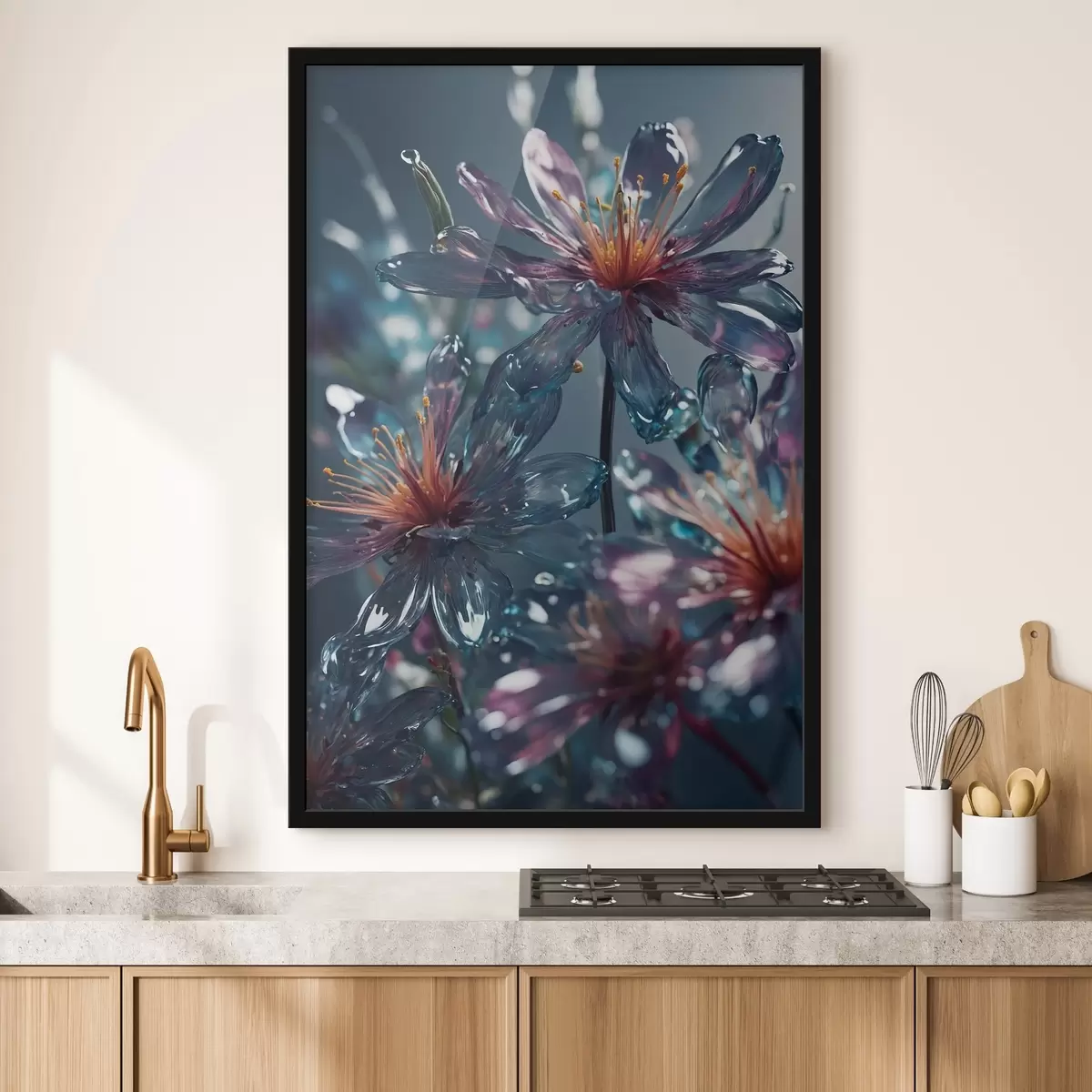 Poster Transparante bloemen op wazige achtergrond f44469