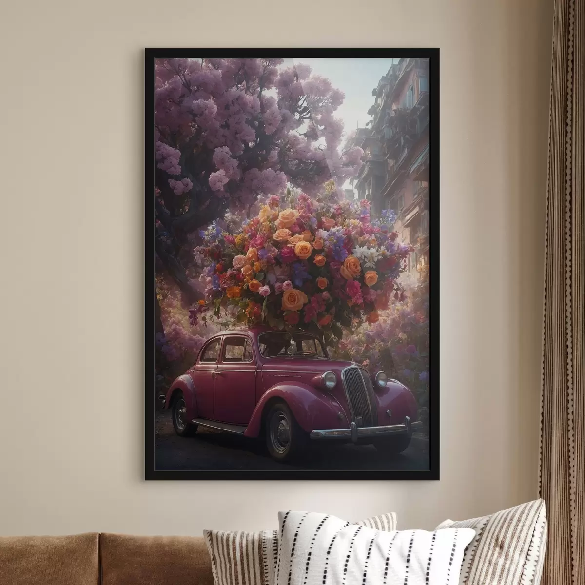 Affiche Voiture rétro et énorme bouquet de fleurs f44471