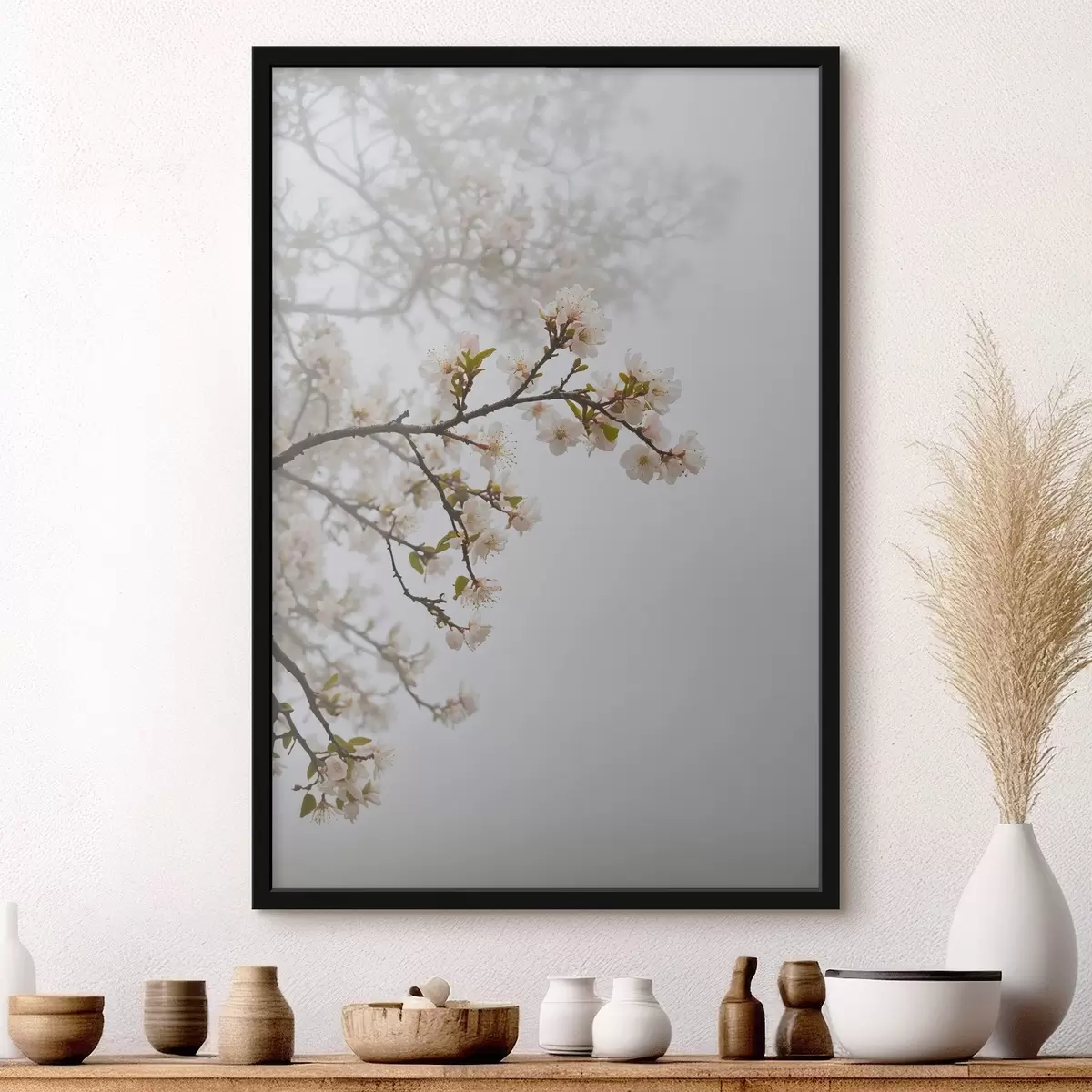 Poster Bloeiende boom in mist f44473