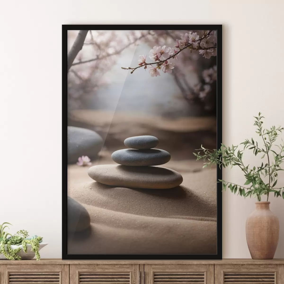 Affiche Pierres sur le sable sur fond flou f44475