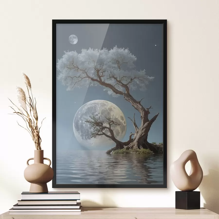 Papier peint photo Arbre poussant au milieu d'un lac sur fond de lune f44481