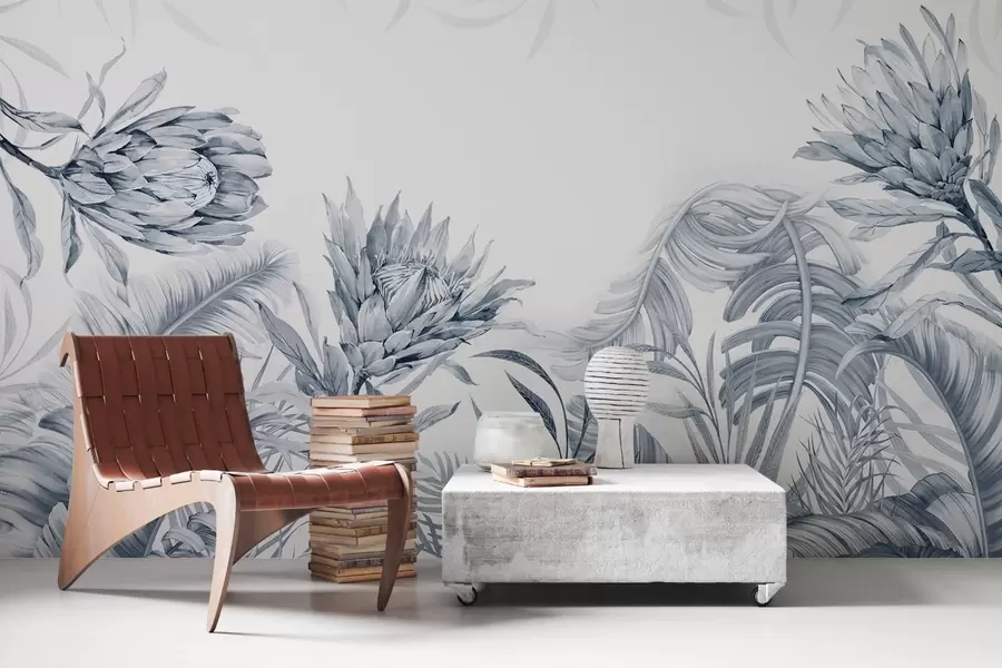 Fotobehang Protea tussen tropische bladeren, groene tinten w03952v2