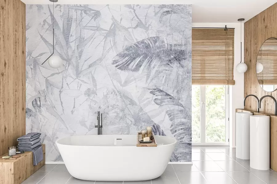 Fotobehang Bloemenabstractie in grungestijl met imitatie van slijtage, blauwtinten w03926v3